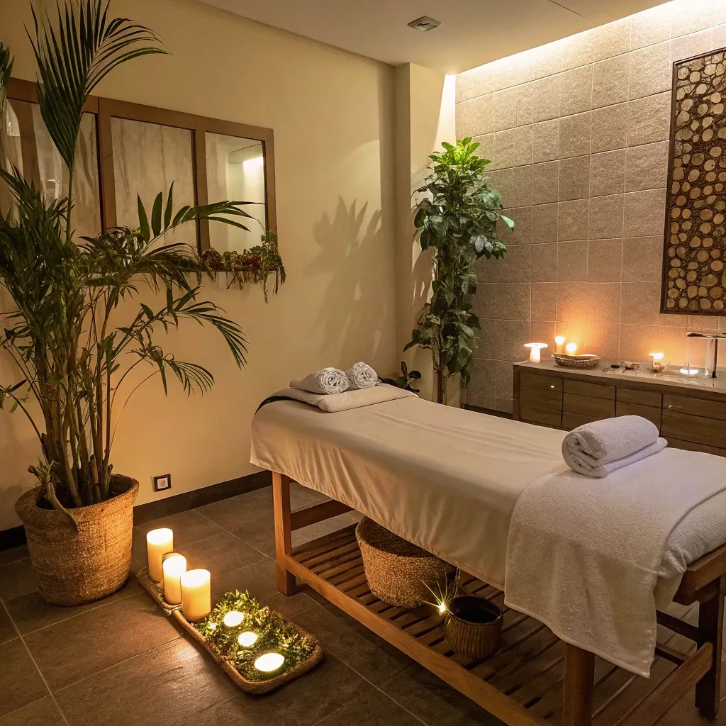 Calm and serene massage setting in a salon with relaxing ambiance