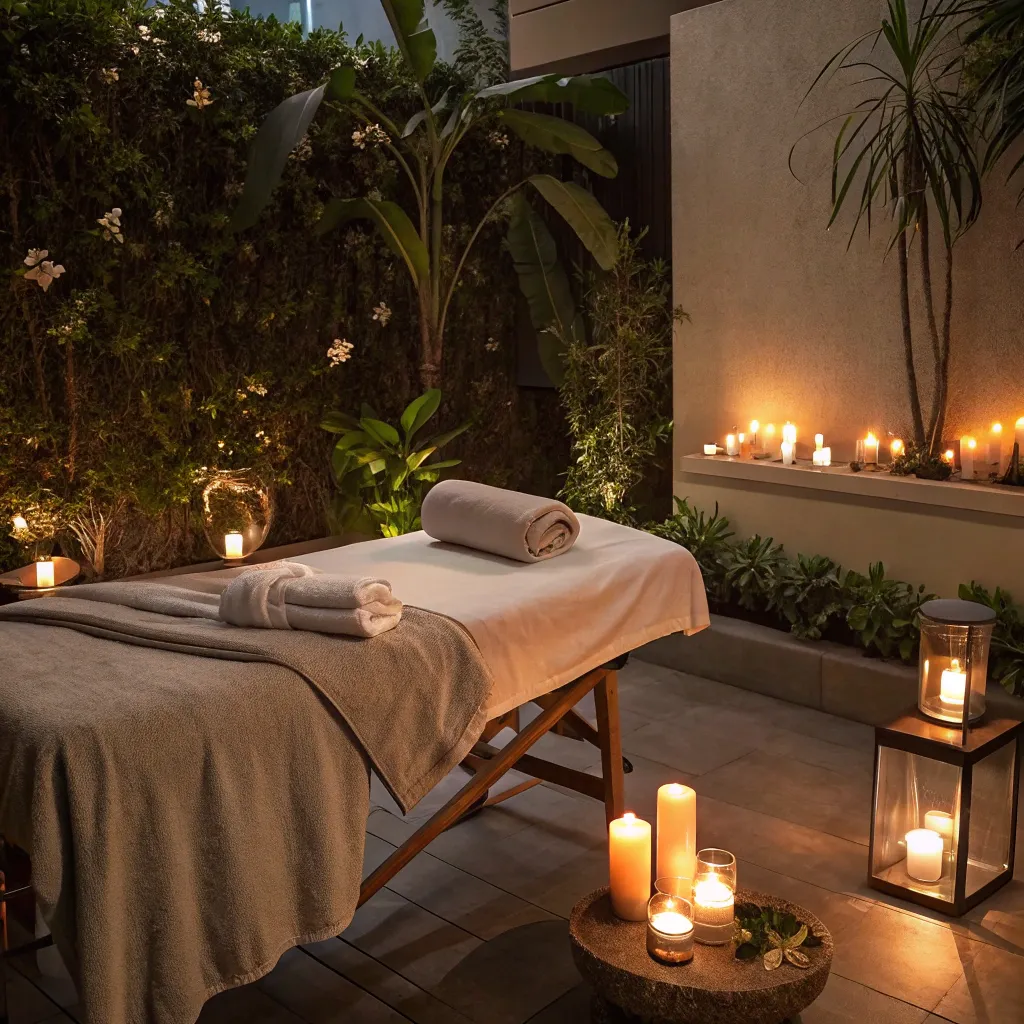 Relaxing massage environment with candles and soft lighting